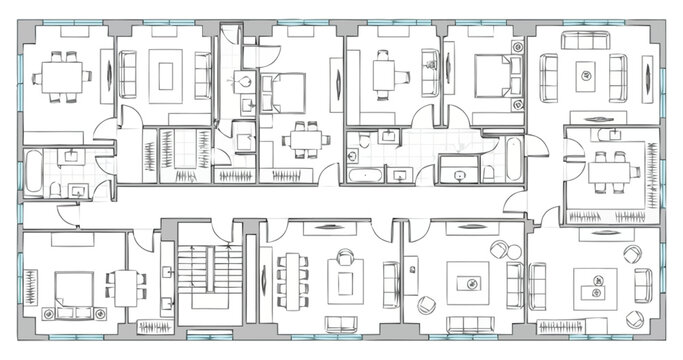 Detailed Architectural Floor Plan Layout Depicting Multiple Room Divisions Including Bedrooms Living Areas Kitchens Bathrooms and Dining Spaces Within a Residential Building Design Blueprint