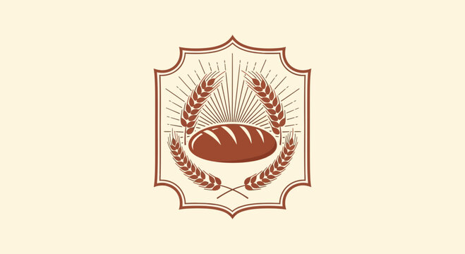 Rustic Bakery Emblem with Loaf of Bread Surrounded by Wheat Stalks in Beige