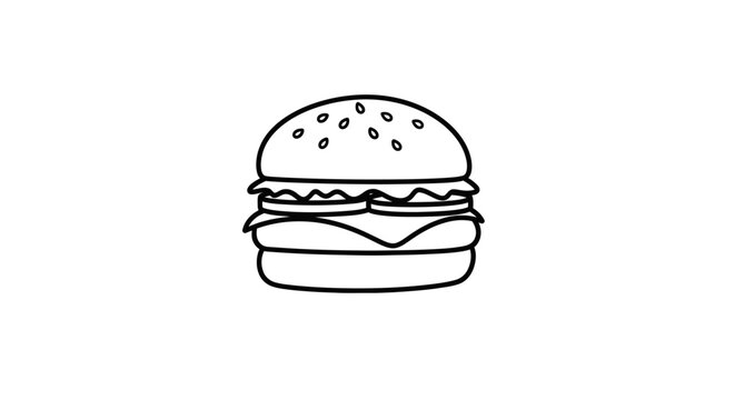 Simple Line Drawing of a Delicious Hamburger with Cheese and Sesame Seed Bun