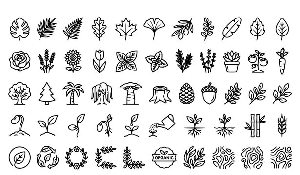 Nature icon collection with leaves trees flowers and plants vector