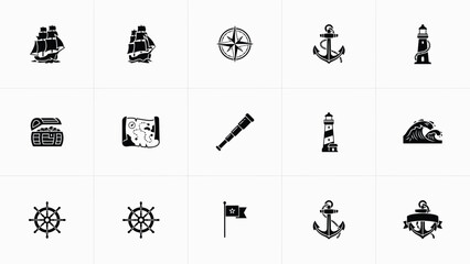Collection of fifteen monochrome marine icons including ships anchors and lighthouse set. © Somiran