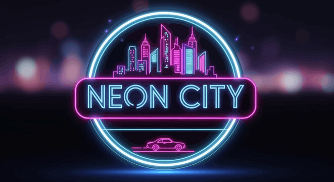 Vibrant Neon City Skyline Sign with Glowing Retro Aesthetics and Modern Urban Architecture Design Elements for Nightlife Branding