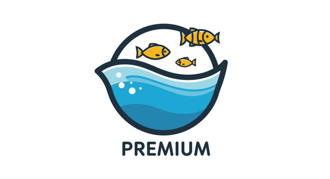 Premium aquatic life logo featuring vibrant yellow fish over blue waves in a stylish circular emblem, symbolizing freshness, quality, and healthy marine ecosystems