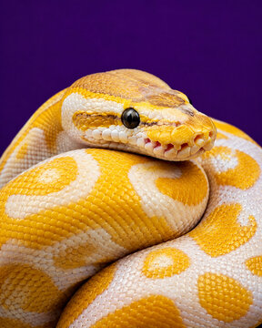 A close-up of a beautiful, coiled ball python with bright yellow and white patterns. The background is a solid, deep matte purple, making the snake's colors incredibly vivid. Soft studio light