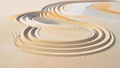 Obraz premium Serene raked sand patterns with elegant concentric wavy lines, creating a tranquil minimalist abstract background or texture.