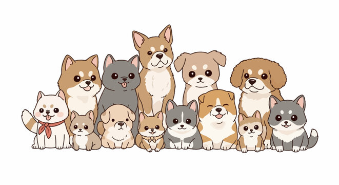Cute Cartoon Dogs and Puppies Collection Featuring Various Breed Characters on White Background
