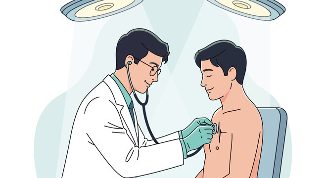 Doctor Examining Patient with Stethoscope Under Surgical Lights, Healthcare Illustration
