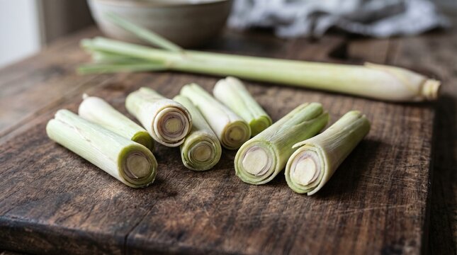 Fresh Lemongrass Stalks Cut in Cross-Section on Rustic Dark Wooden Chopping Board