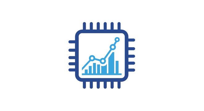 Modern Blue CPU Microchip Icon Featuring Integrated Data Analytics Graph and Statistics Chart for Technology Concepts