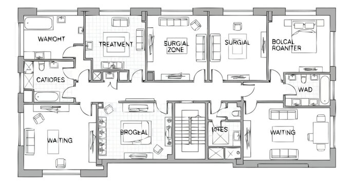 Architectural floor plan drawing for a medical facility showing examination rooms operating theaters and patient recovery areas with detailed room layouts and furniture placement for space
