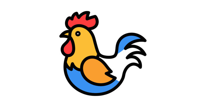 Colorful Stylized Rooster Illustration with Bright Red Comb and Blue Body on White Background