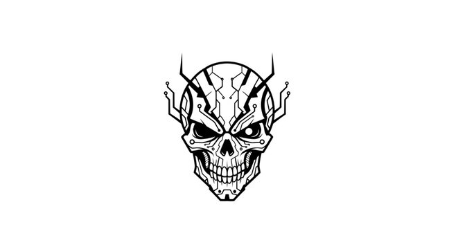Cybernetic robotic skull illustration with circuit lines and mechanical details in black and white vector style