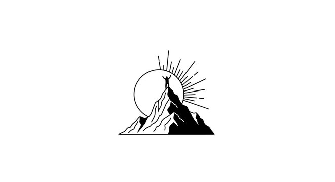 Minimalist Line Art Illustration of a Person Standing on Top of a Mountain Peak Celebrating Success with a Radiant Sun Concept