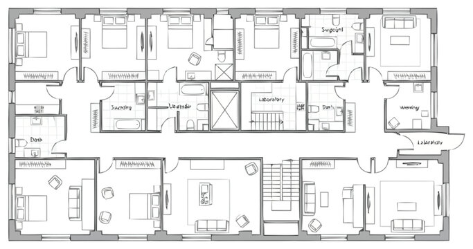 Detailed architectural floor plan drawing displaying numerous residential units with room layouts doors windows and interior wall structures for building design and real estate development