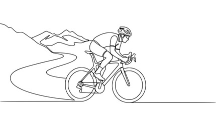 Fototapeta premium Continuous line drawing of a cyclist on a winding road with mountains in the background