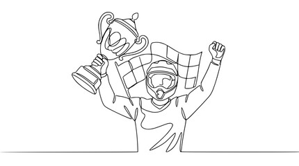 Motocross Racer Holding Trophy and Checkered Flag, Celebrating Victory in One Line Art Style © Gacor