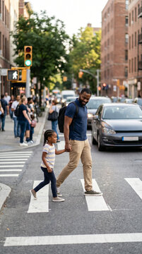 Black dad holding child's hand crossing street, safety and protection, Father's Day