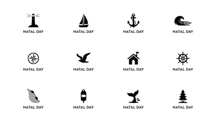 Collection of natal day icons depicting lighthouses ships and coastal life for branding. © Somiran