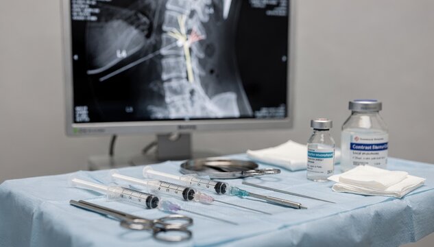 Closeup medium shot of nerve block injection equipment in ambulatory pain suite highlighting detailed fluoroscopy screen with surrounding tools softly out of focus.