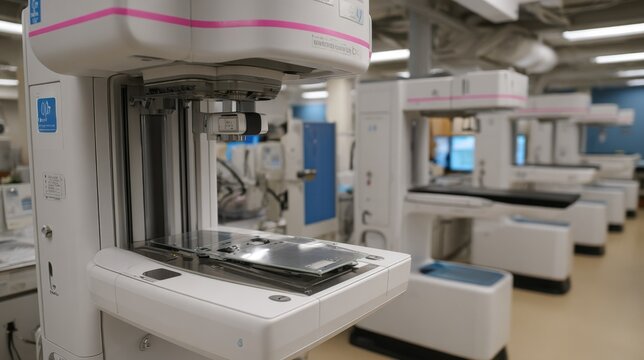 Diagnostic mammography units compression paddle sharply detailed while surrounding machinery softly fades in the medium shot.