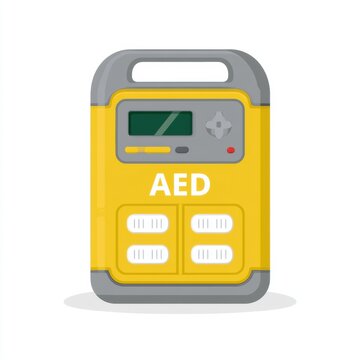 AED automated external defibrillator device shown with electrode pads on white background for healthcare settings and emergency situations.
