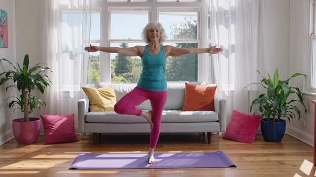 Senior woman practicing tree pose on yoga mat. Active woman maintaining balance during wellness exercise at home