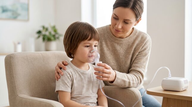 Woman helping child use nebulizer machine for inhalation therapy. Caring mother looking after sick kid during respiratory treatment. Healthcare at home for asthma and bronchitis patient.