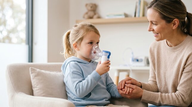 Mother helping child use nebulizer mask at home. Girl with asthma receiving medical respiratory treatment. Parent caring for sick kid during inhalation therapy. Healthcare at home.