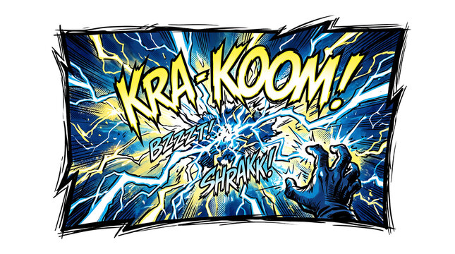 Comic book illustration of an explosion with dynamic lightning bolts and a bursting effect