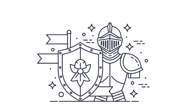 Knight armor shield banner line art icon with medieval