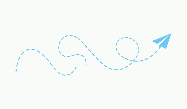 Blue paper plane flying on dashed path line, creative journey, flight trail, message and delivery concept