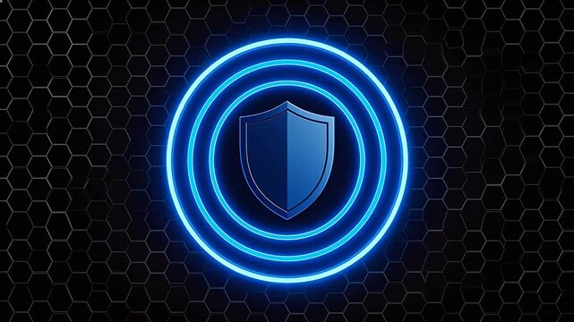 Blue neon shield on hexagonal background