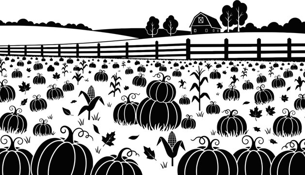 Pumpkin patch farm field silhouette autumn seasonal design
