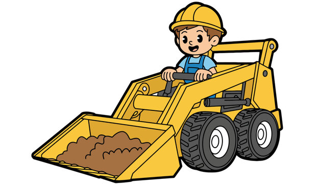 Little boy operating yellow skid steer loader cartoon