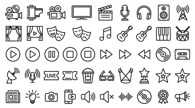 Entertainment icons set features various media symbols like cameras and microphones for digital design projects.
