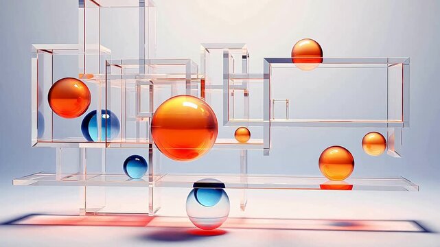 Digital technology floating geometrical elements colorful transparent glass background