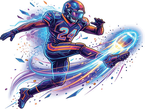 Dynamic neon american football player kicking a ball, futuristic cyberpunk sports vector illustration action graphic