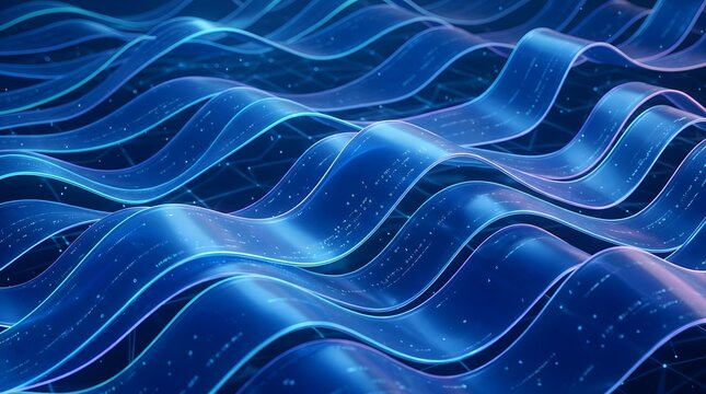 Translucent blue digital waves with binary code pattern flowing like a stream symbolizing big data processing cyberspace and advanced information technology.
