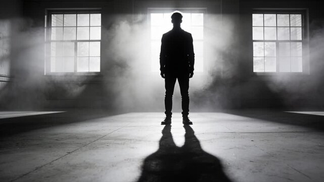 Entering man in coat pants holding position in studio backlit fog casting window shadows for shoot
