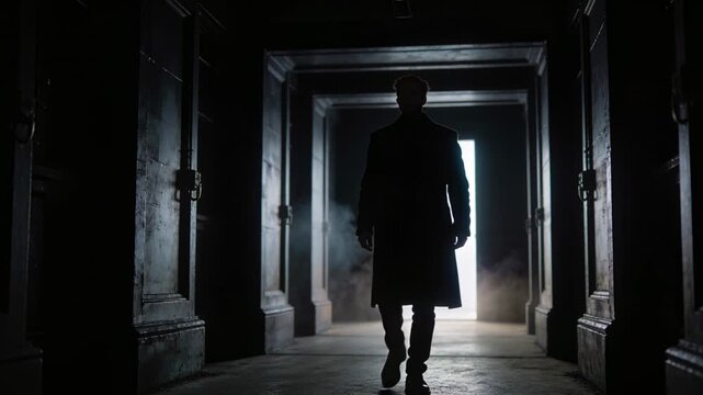 Walking man silhouette in long coat advancing from bright doorway and fog into shadowed corridor