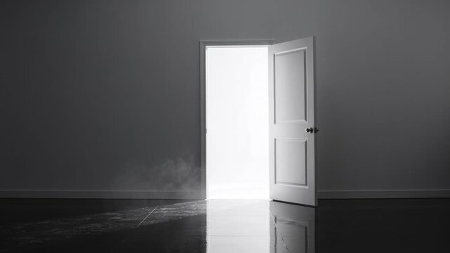 Stepping suited man moving toward strong backlight at doorway to exit, with fog and glossy floor