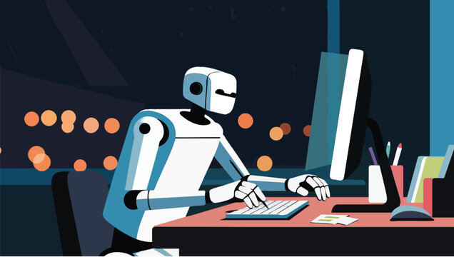 Pixel robot working late on computer in a dark office with city lights.