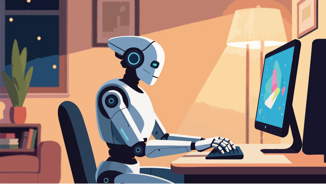 Pixel robot working on computer in a warmly lit interior room.