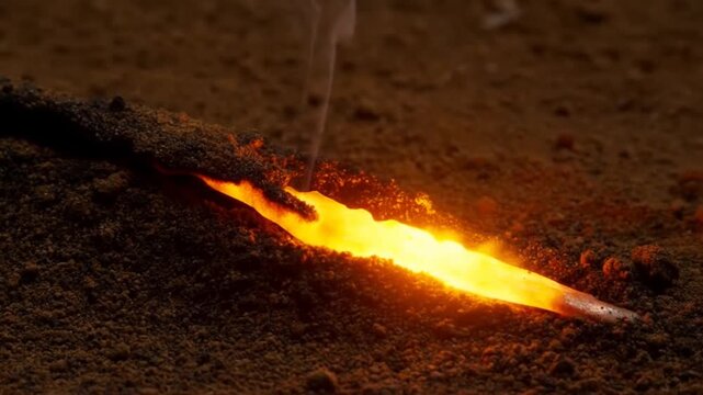 Pouring molten metal spouting from spout advancing along sand trench at foundry bench, filling mold
