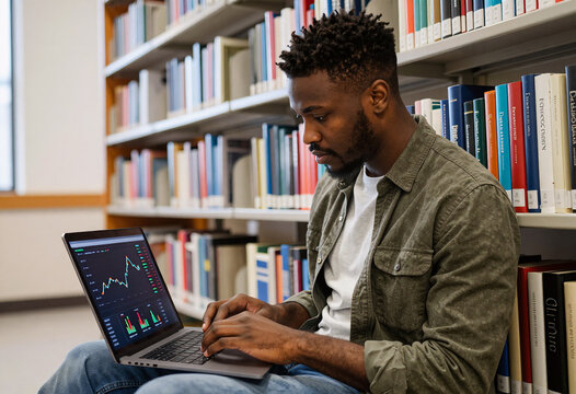 African American student analyzing market trends in university library