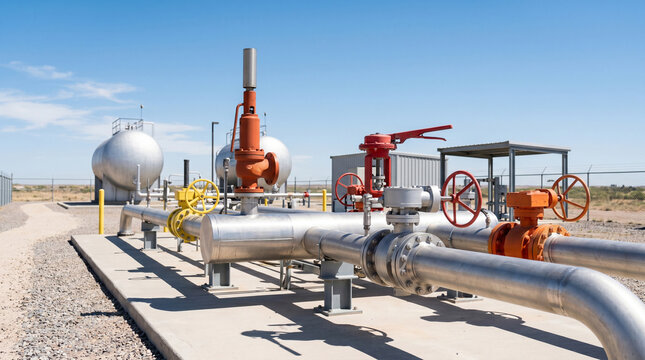Industrial gas distribution station with valves and safety mechanisms in bright sunlight