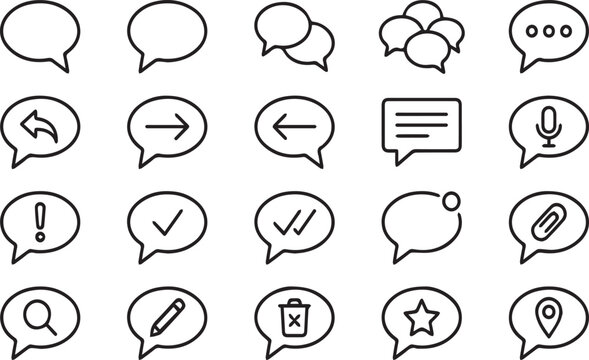 Simple line chat bubbles set with status icons including microphone trash and star symbols.