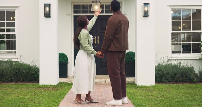 Excited, holding hands and couple outdoor with new home, property investment and dream house. Marriage, happy and black man and woman with real estate purchase, residence and pointing for lease