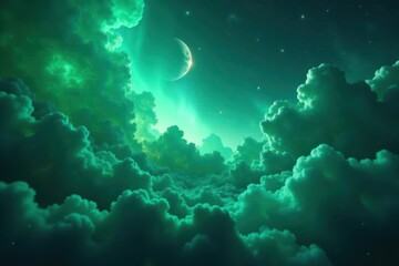Fototapeta premium Ethereal gas clouds swirling in a vibrant turquoise green nebula, illuminated by distant starlight , astronomy, turquoise, space