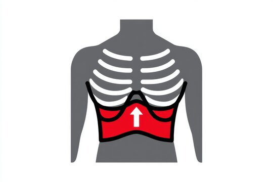 Diagram illustrates the Heimlich thrust zone on a human torso, marking the area for thrusts above the navel and below the ribs.
